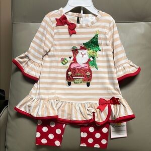 Rare Editions Beige & White Striped Christmas Top with Red Polka Dot Leggings